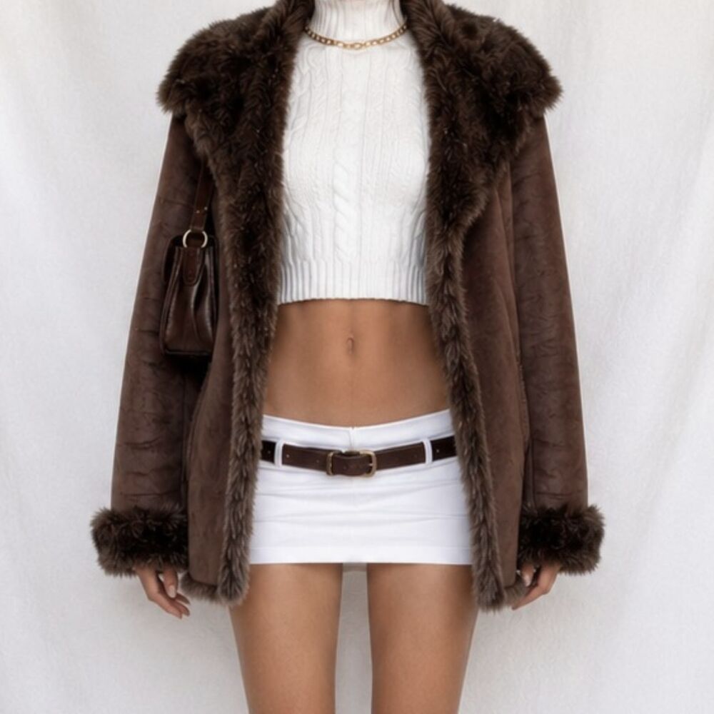 Vintage Y2K 90s Brown Faux Fur Lined Shearling Suede Jacket Coat Cardigan Size M